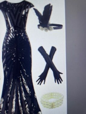 NWT1920s Gatsby Sequin Mermaid Formal Evening Dress Black Flapper w/Accessories